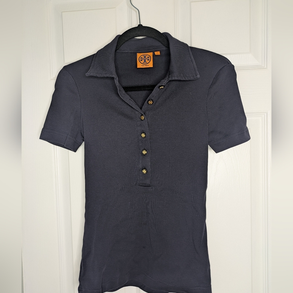 Tory Burch Dark Blue Button-Up Polo Size XS